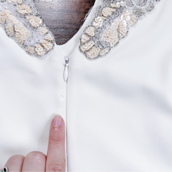 Dress The Population • bell sleeve mini dress cream crepe shift beaded sequin - Picture 9 of 10